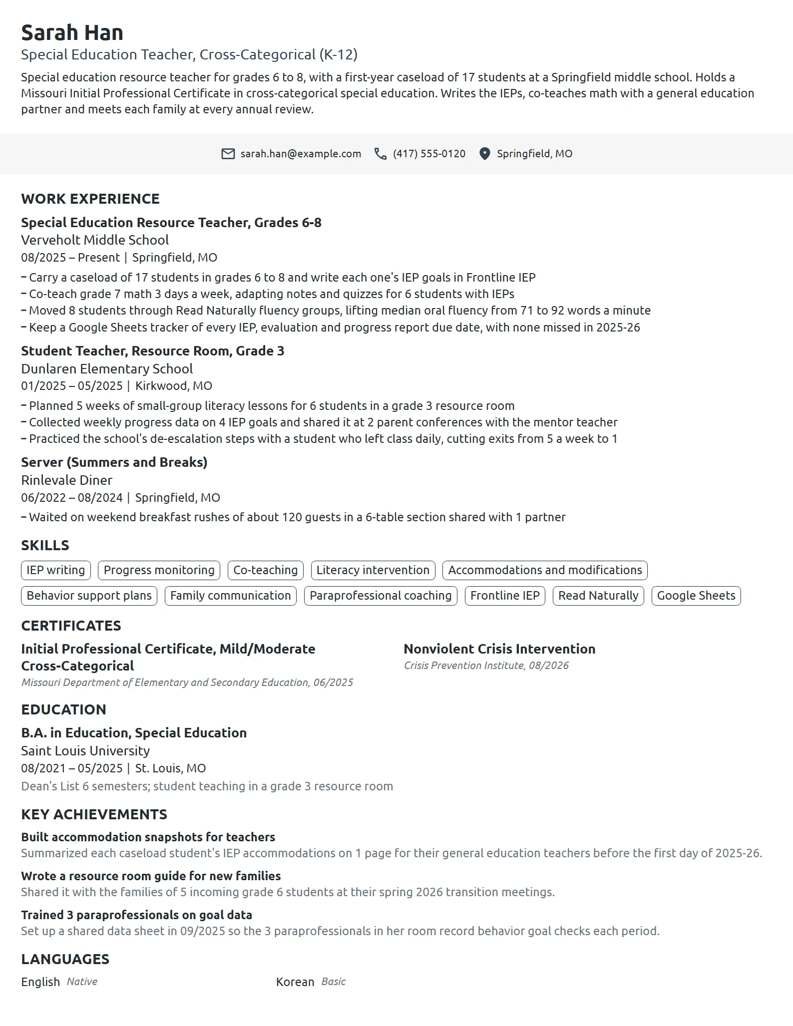 First Year Special Education Teacher resume example