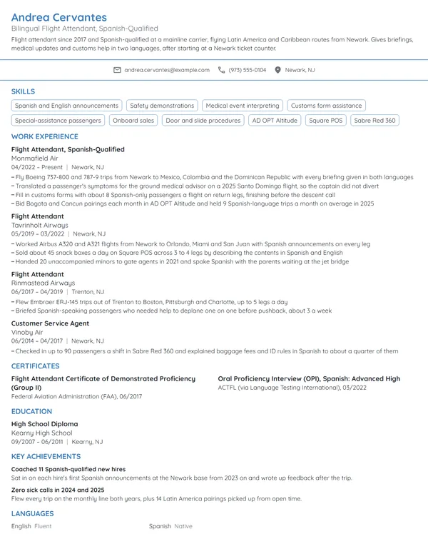 Bilingual Flight Attendant resume example