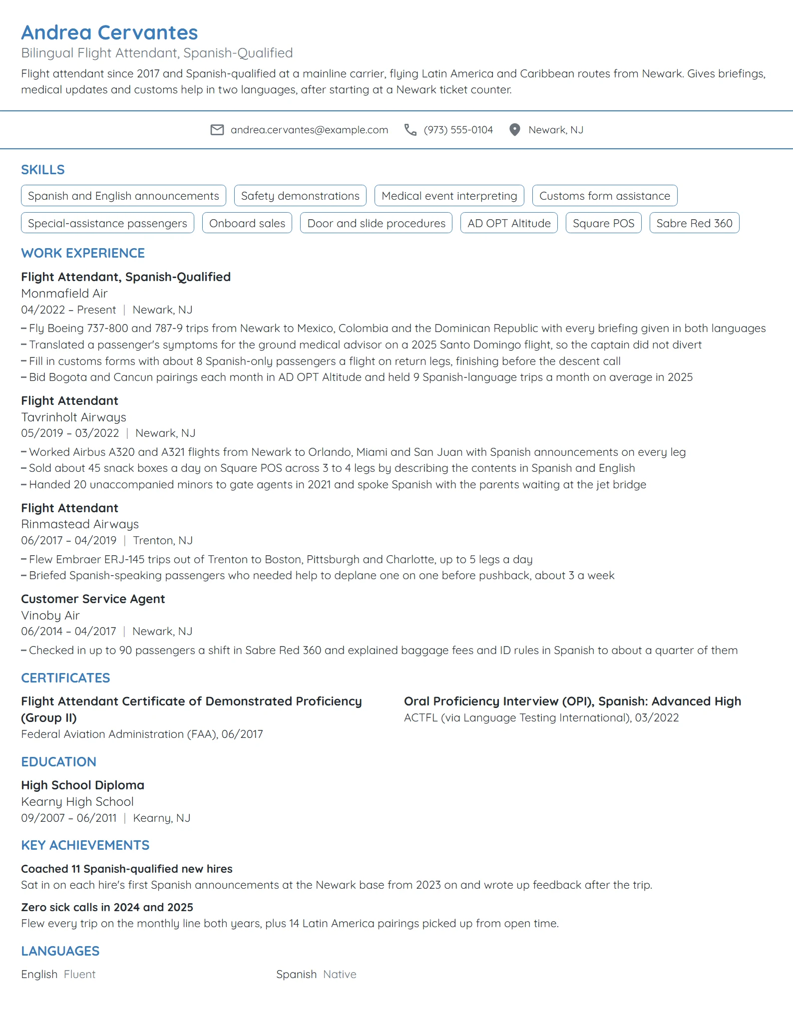 Bilingual Flight Attendant resume example