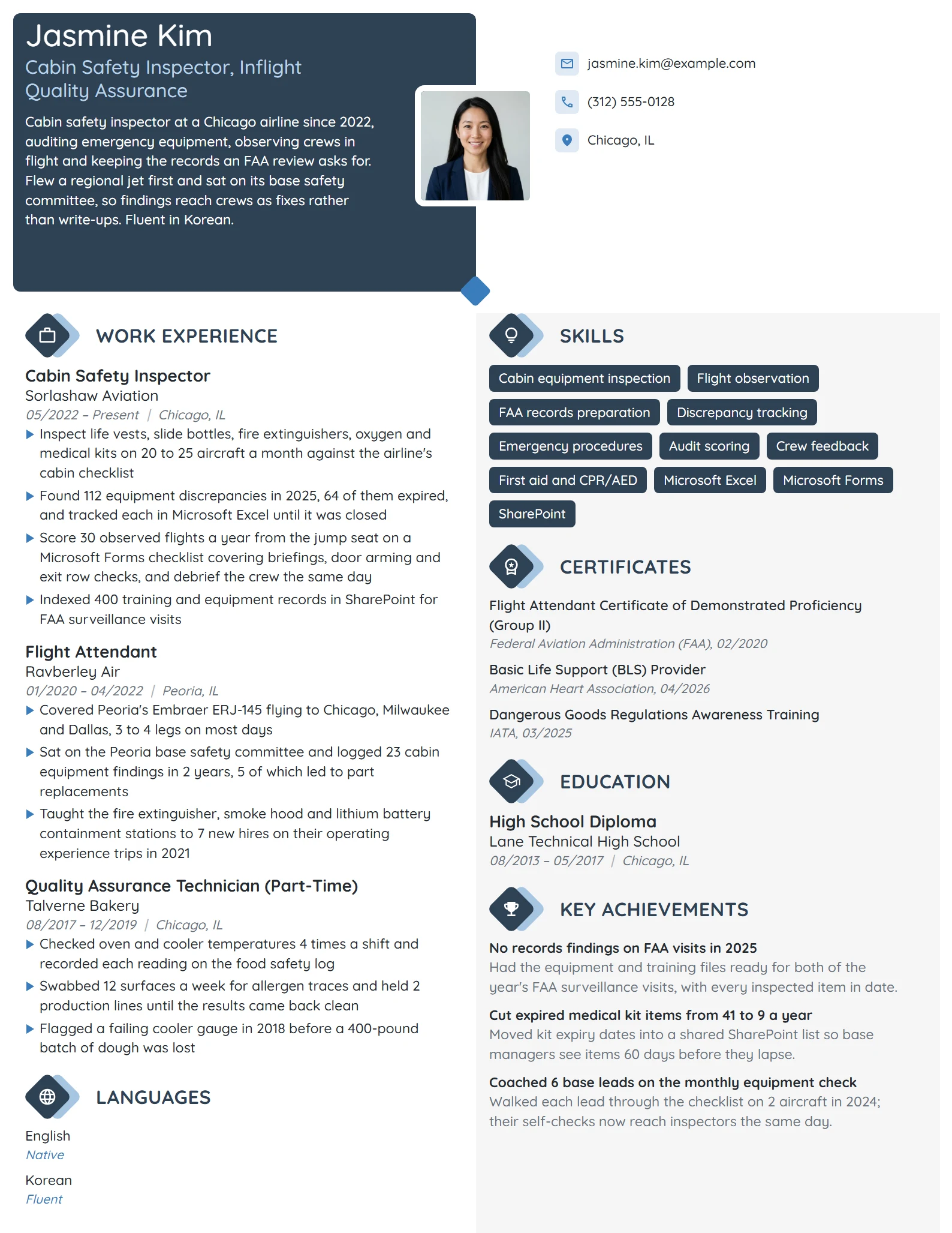 Cabin Safety Inspector resume example