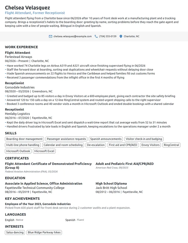 Career Change Flight Attendant resume example
