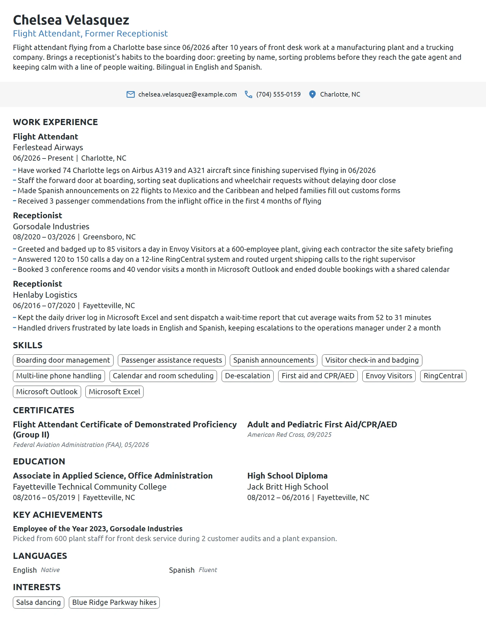 Career Change Flight Attendant resume example