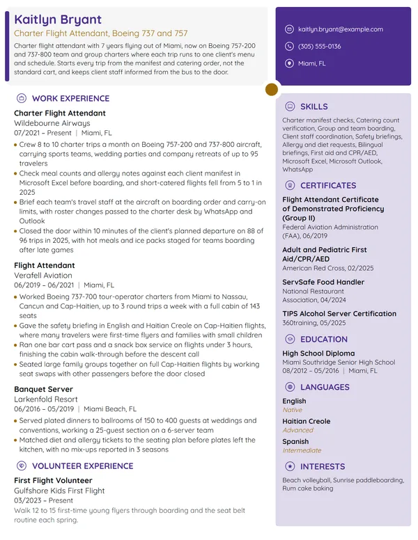 Charter Flight Attendant resume example