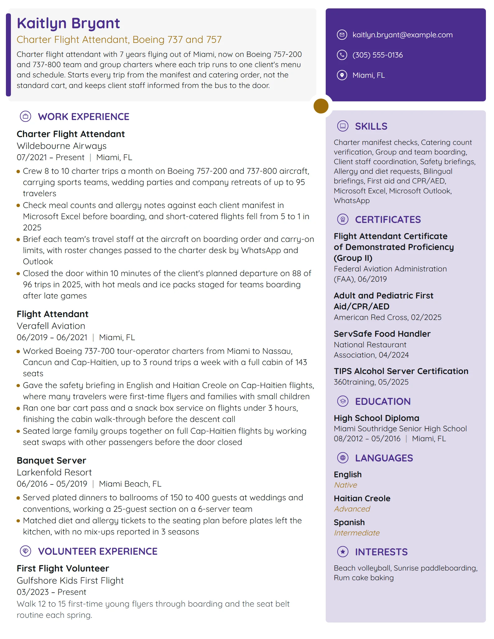 Charter Flight Attendant resume example