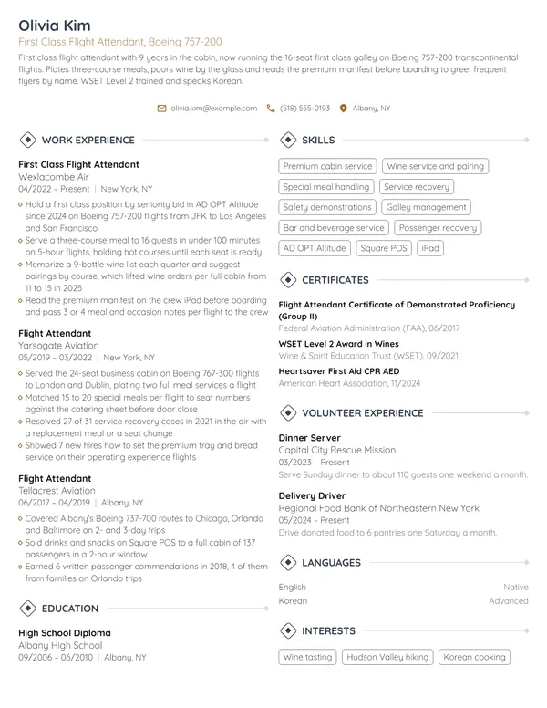 First Class Flight Attendant resume example
