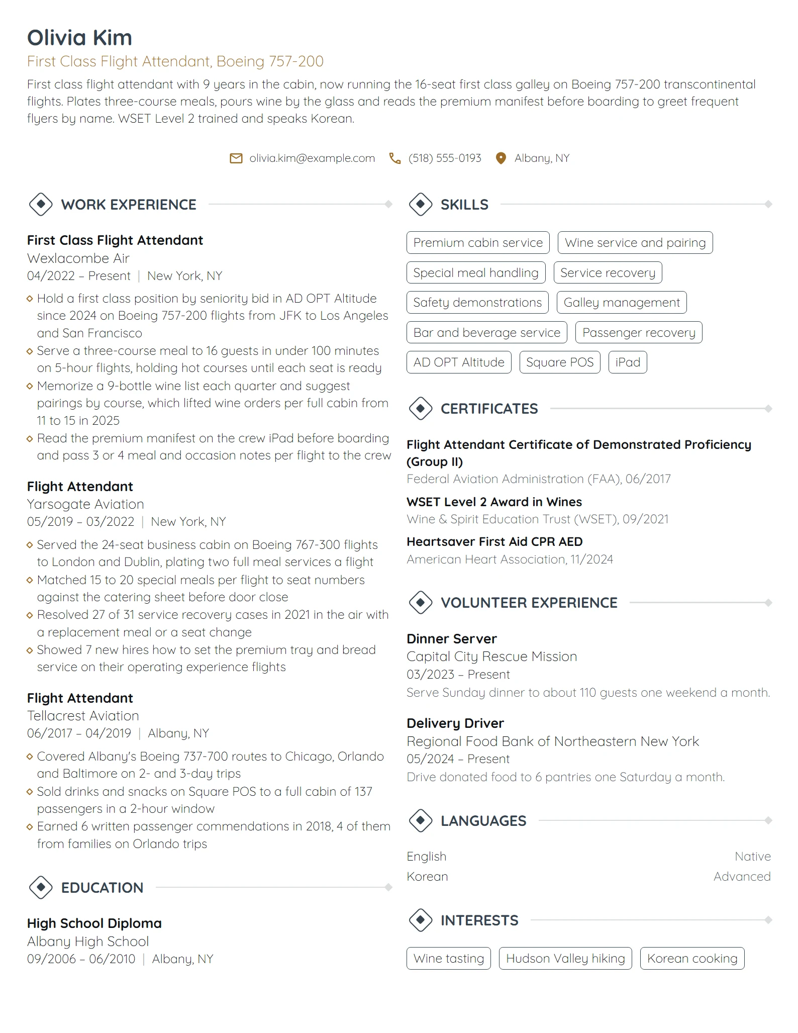 First Class Flight Attendant resume example