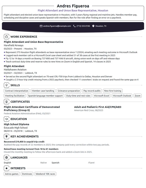 Flight Attendant Union Representative resume example