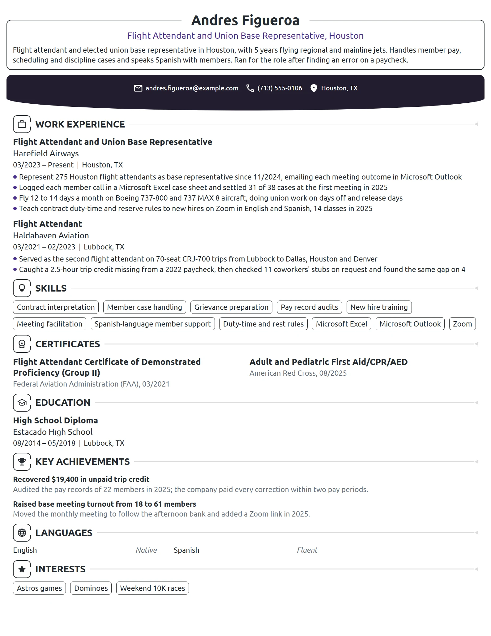 Flight Attendant Union Representative resume example