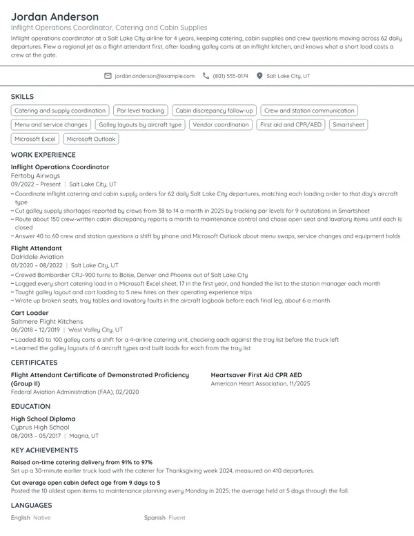 Inflight Operations Coordinator resume example