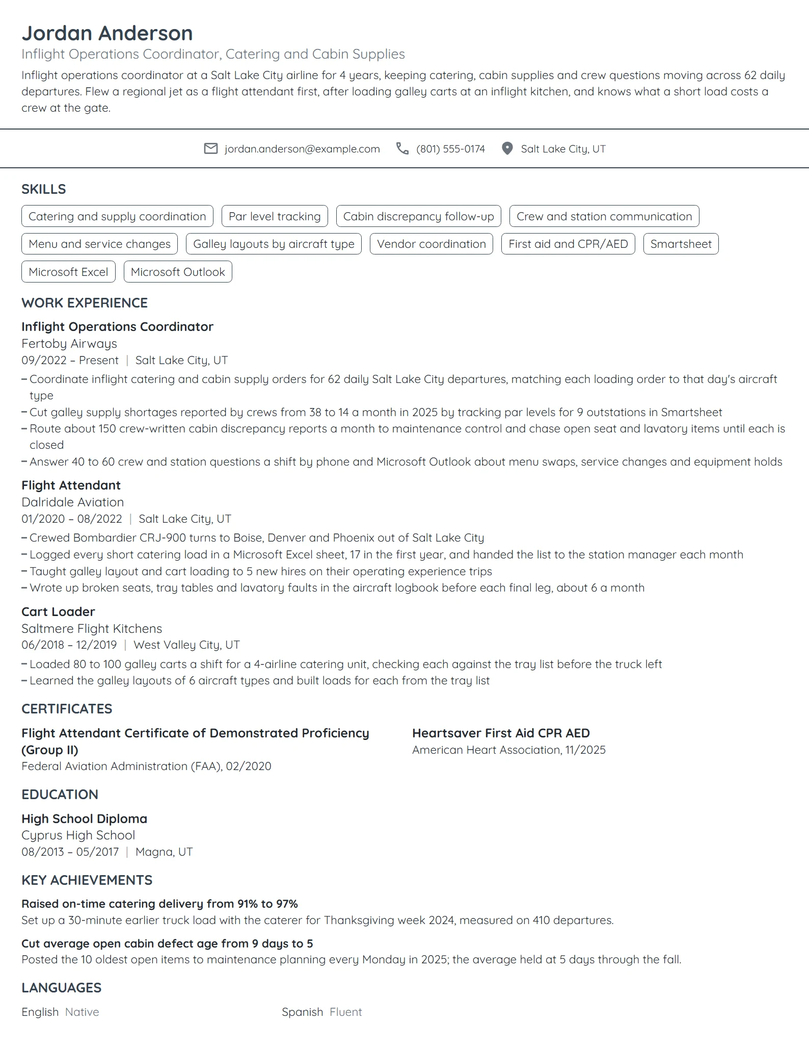 Inflight Operations Coordinator resume example