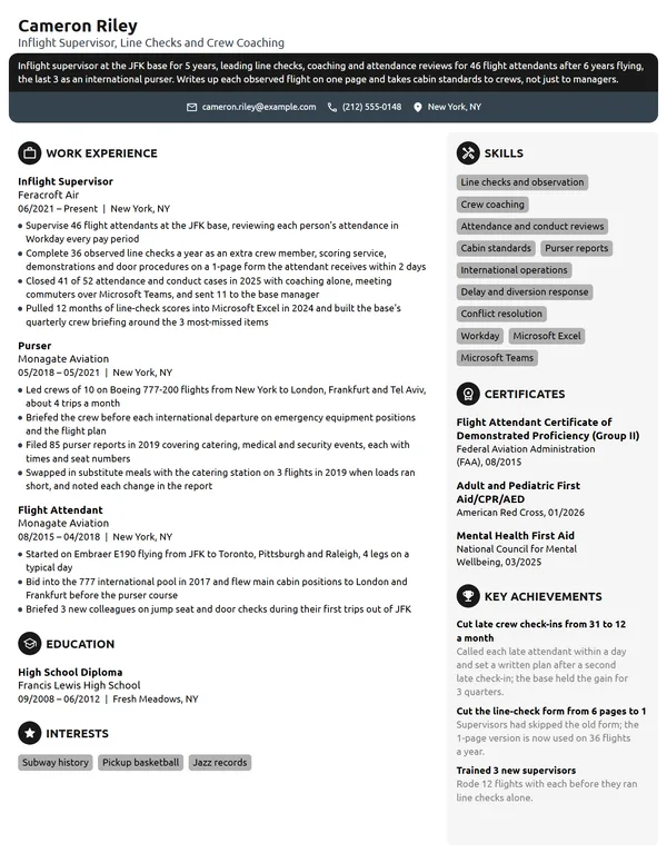 Inflight Supervisor resume example