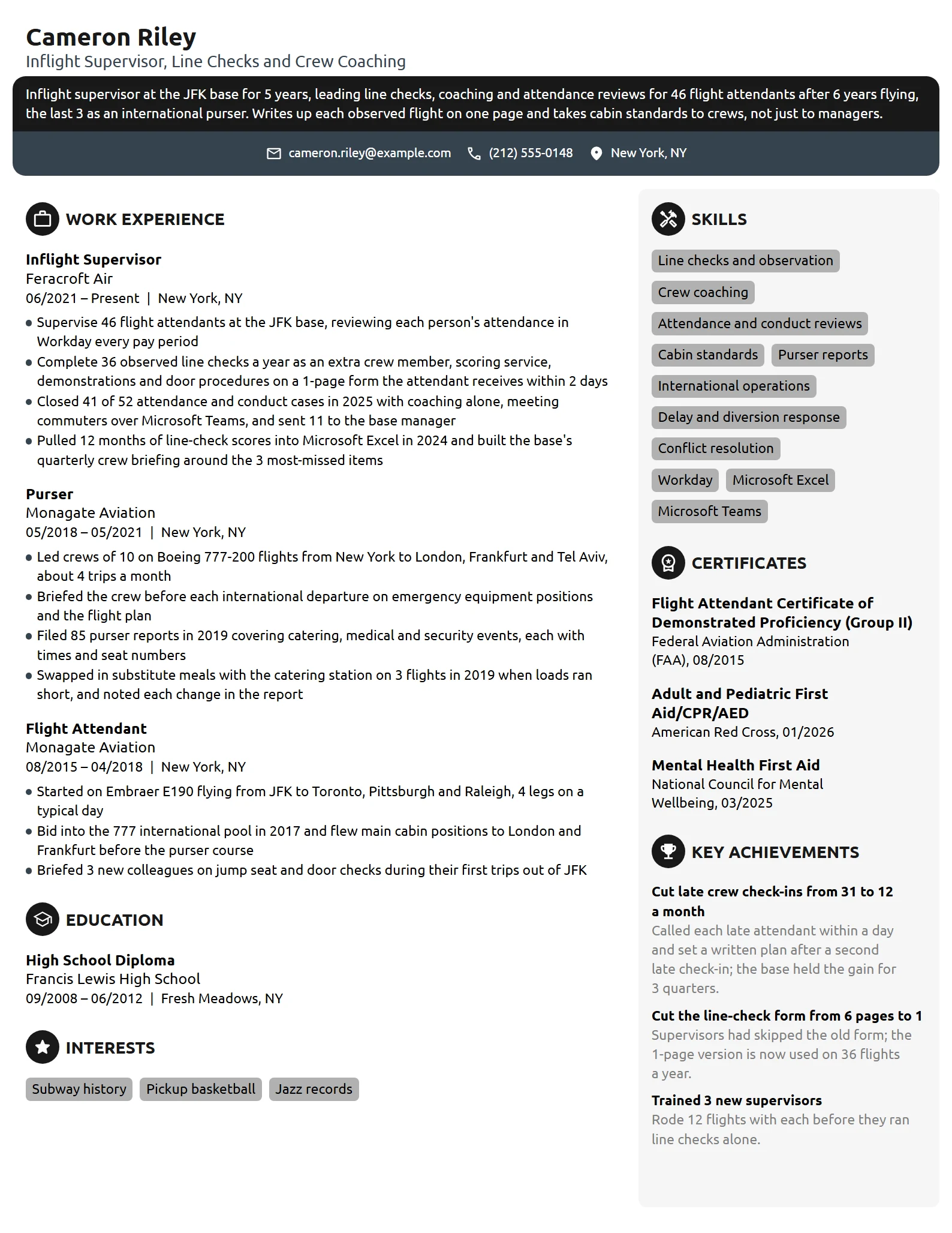 Inflight Supervisor resume example