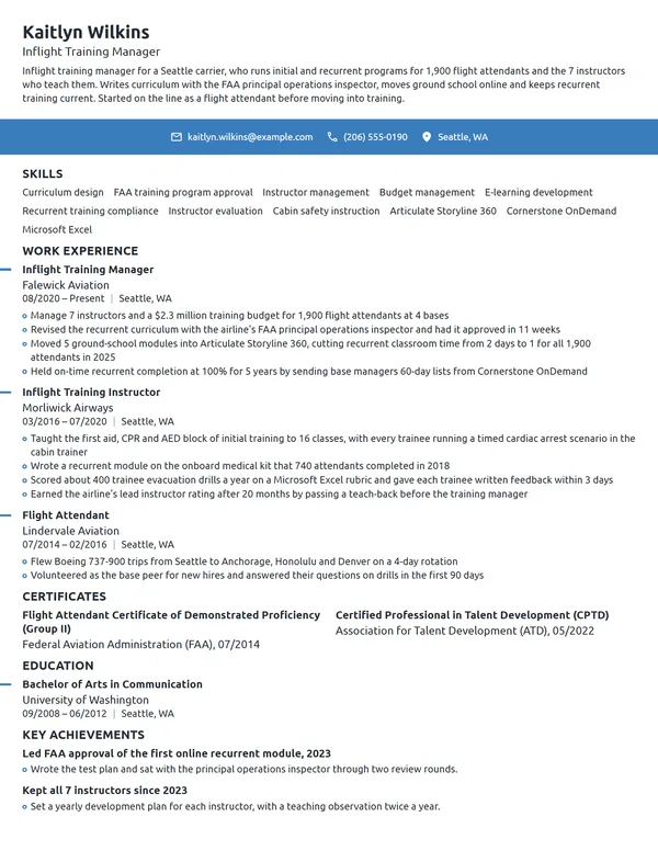 Inflight Training Manager resume example