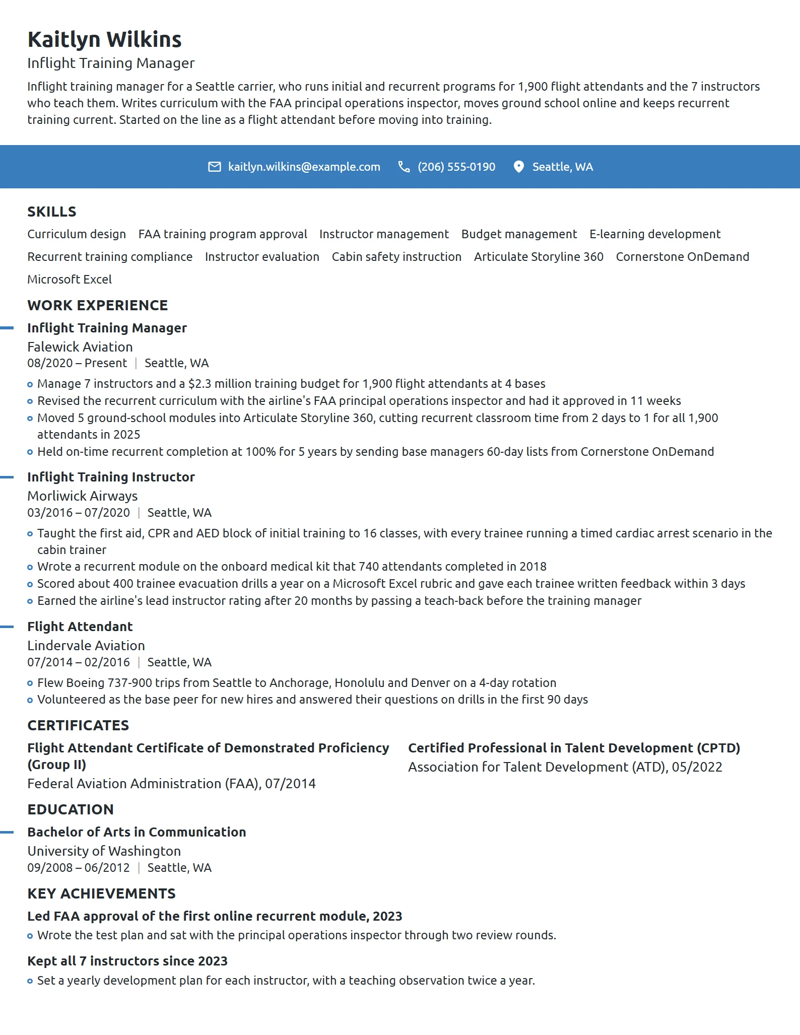 Inflight Training Manager resume example