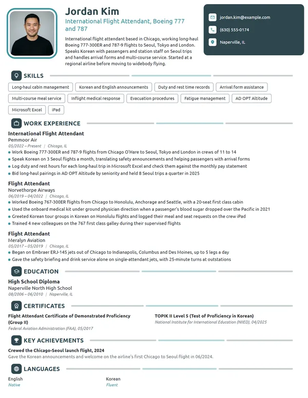 International Flight Attendant resume example