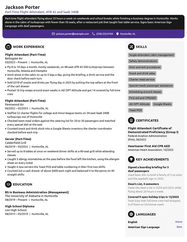 Part-Time Flight Attendant resume example