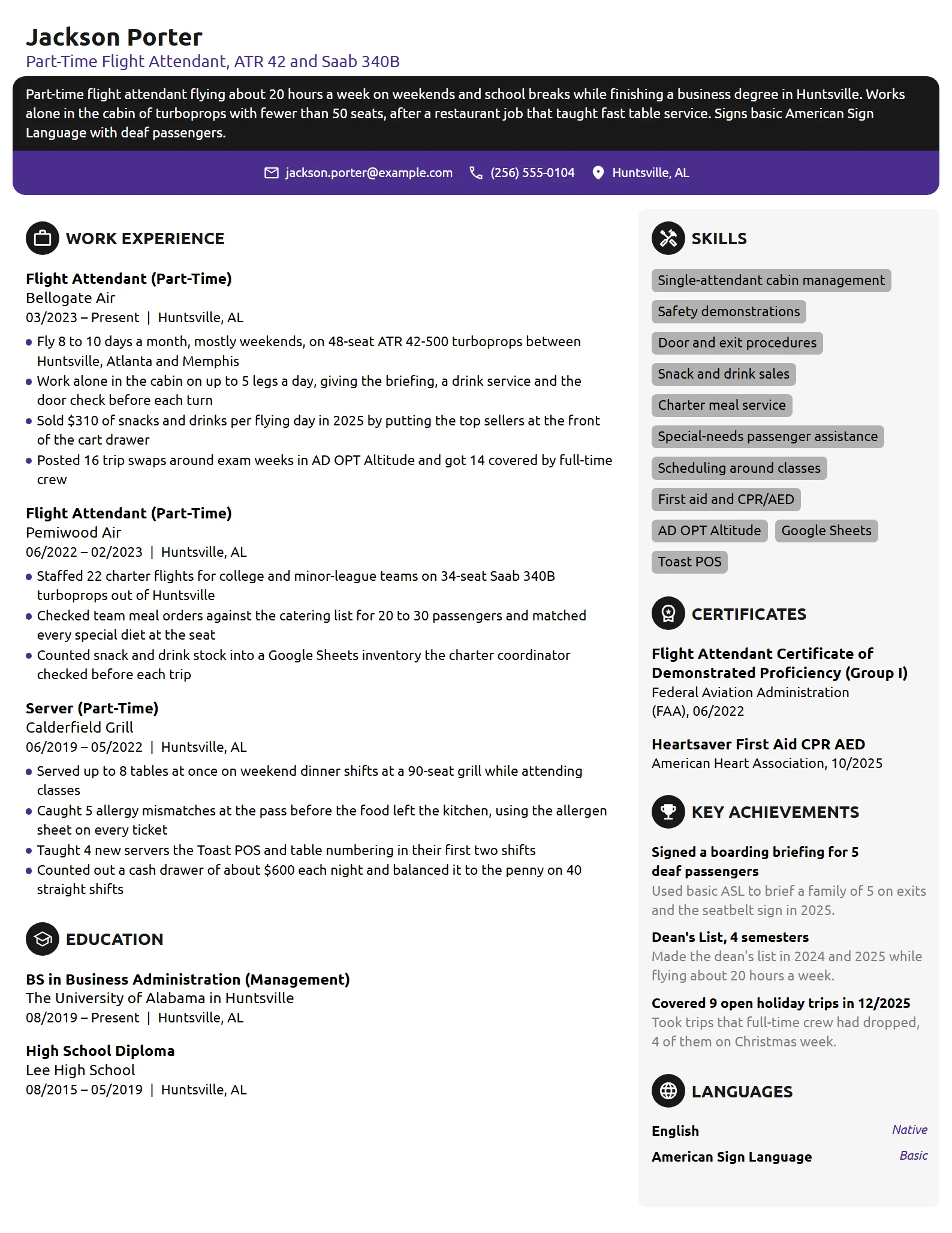 Part-Time Flight Attendant resume example