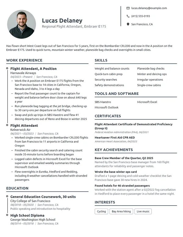 Regional Airline Flight Attendant resume example