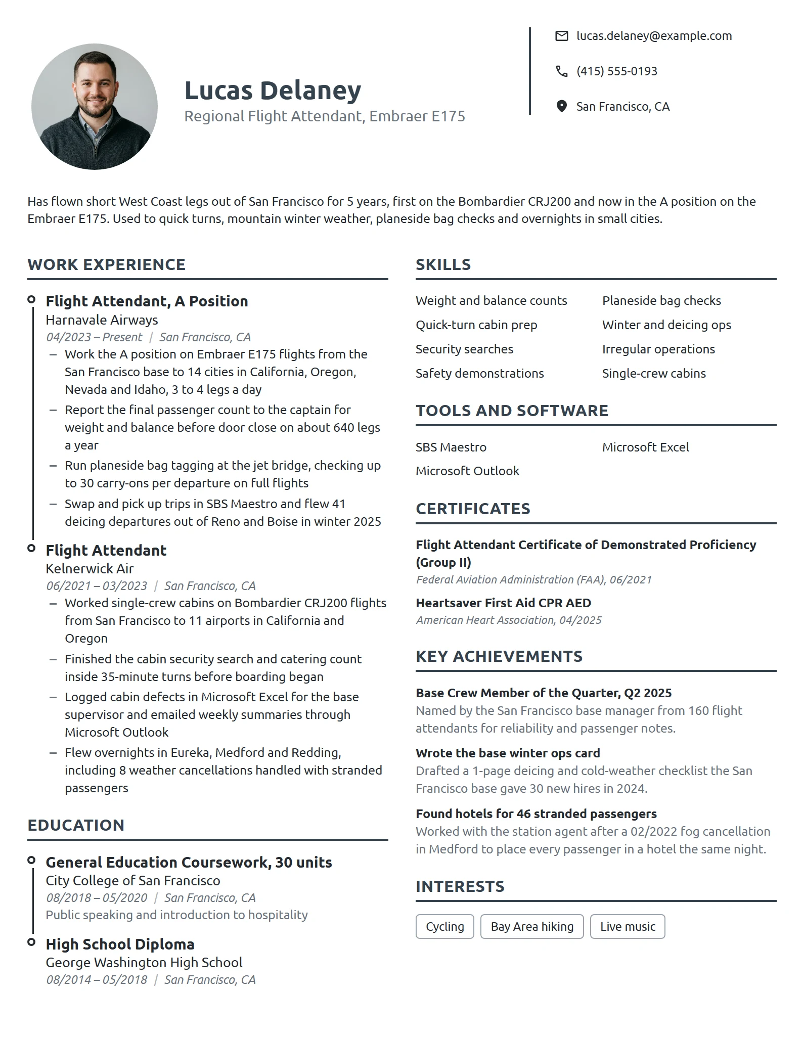 Regional Airline Flight Attendant resume example