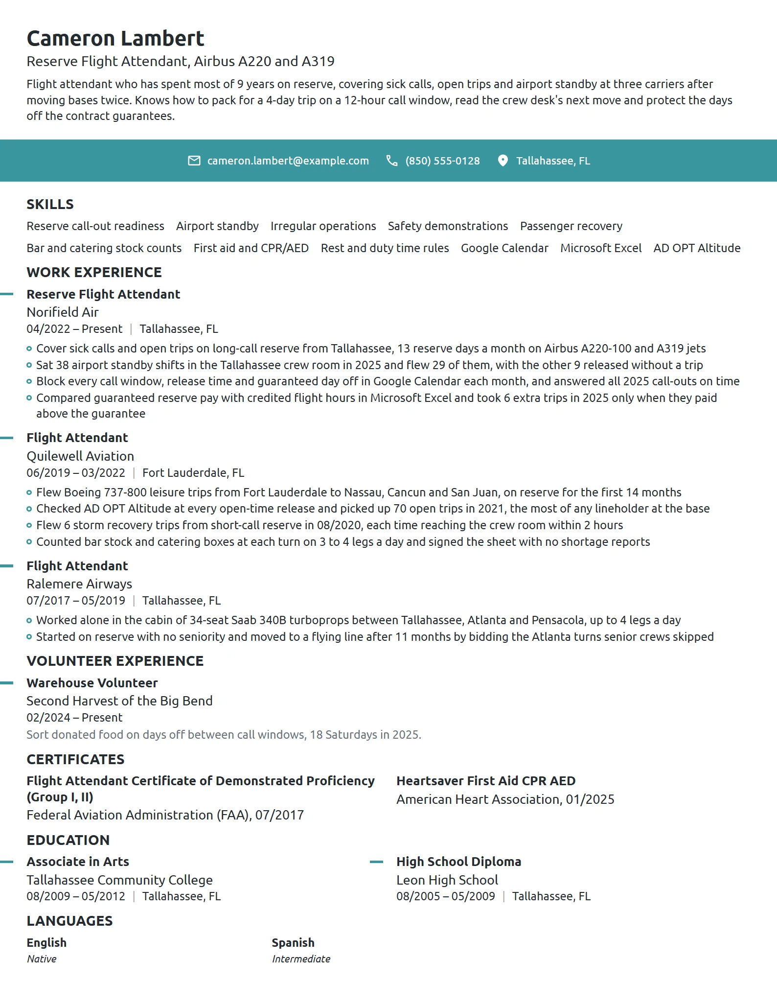 Reserve Flight Attendant resume example