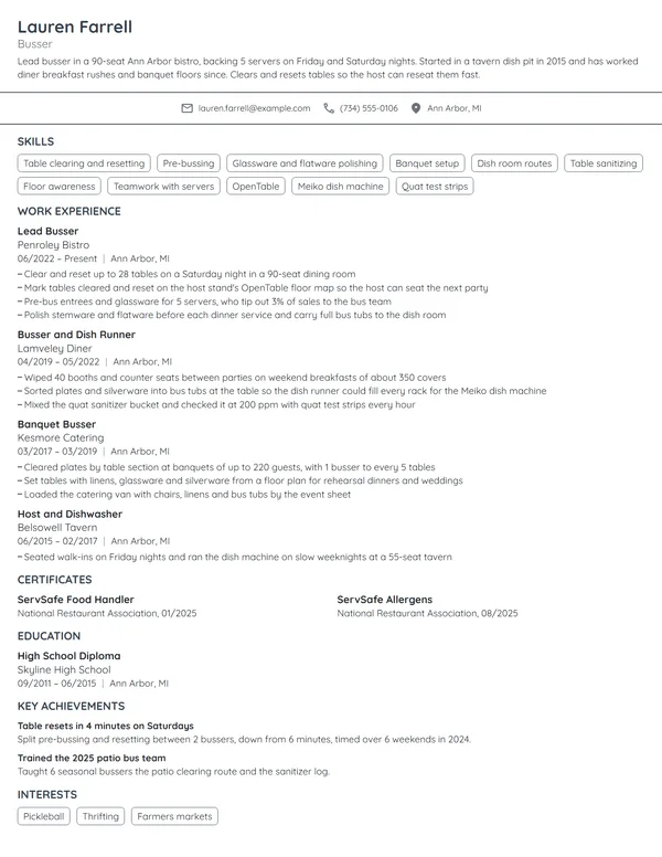 Busser resume example
