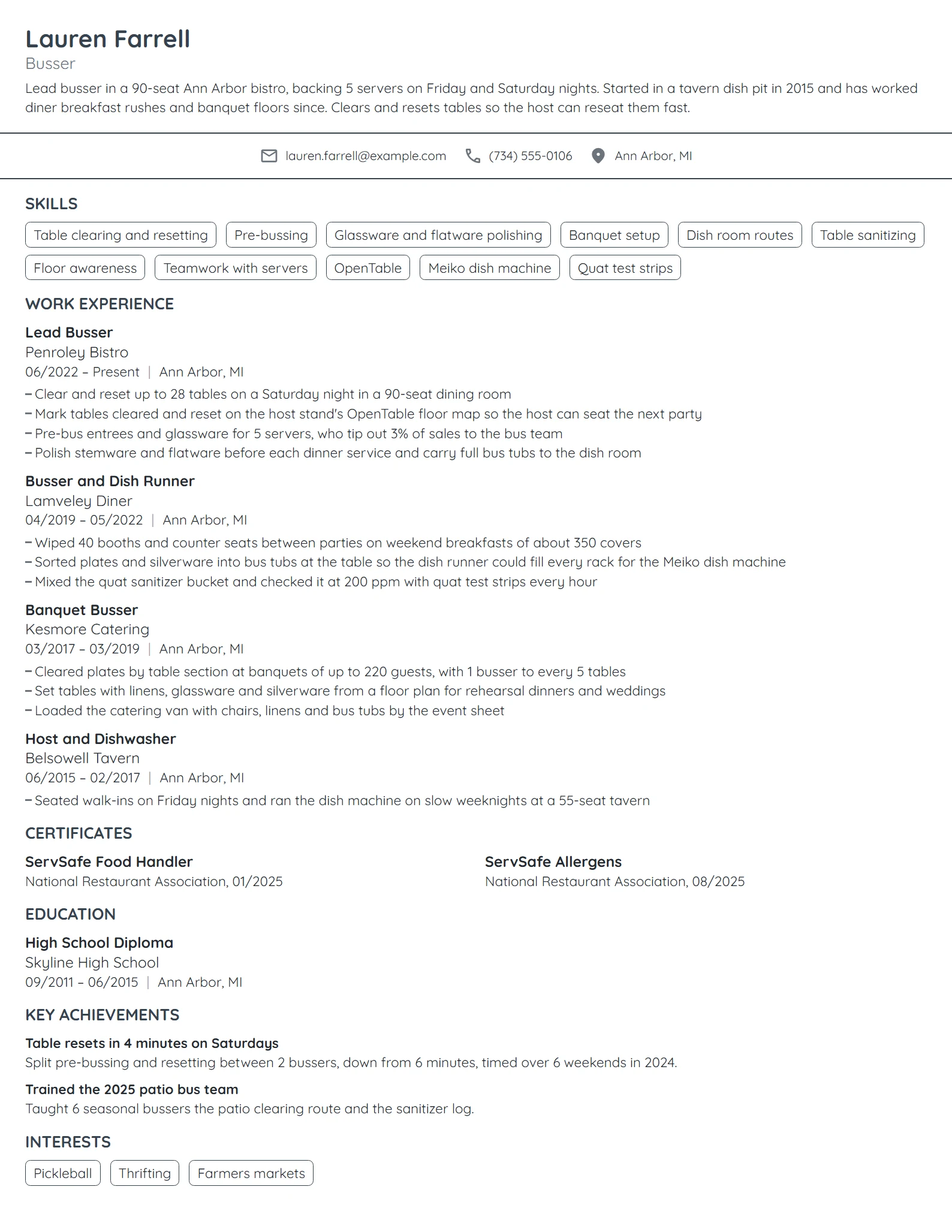 Busser resume example