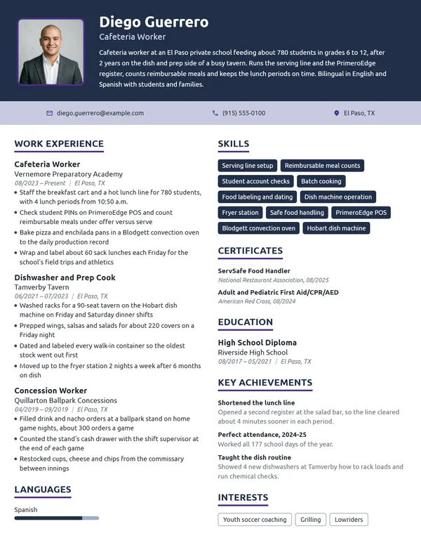 Cafeteria Worker resume example