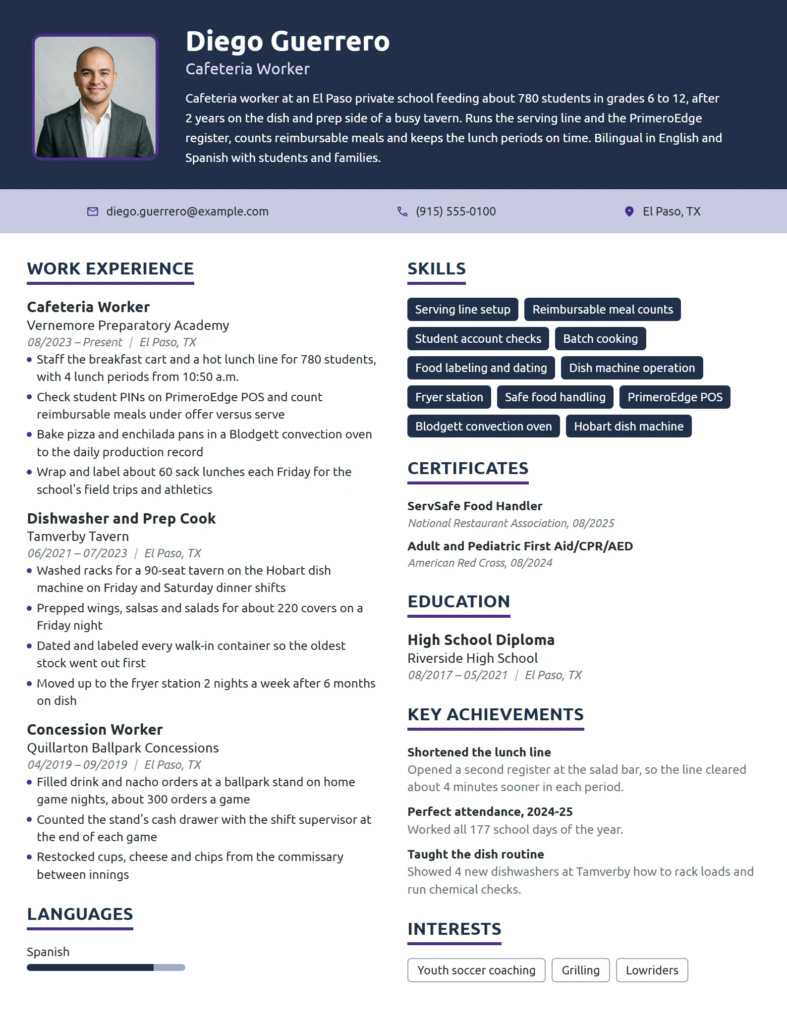Cafeteria Worker resume example
