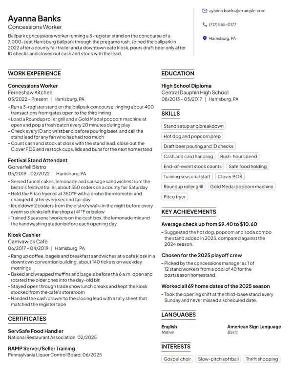 Concessions Worker resume example