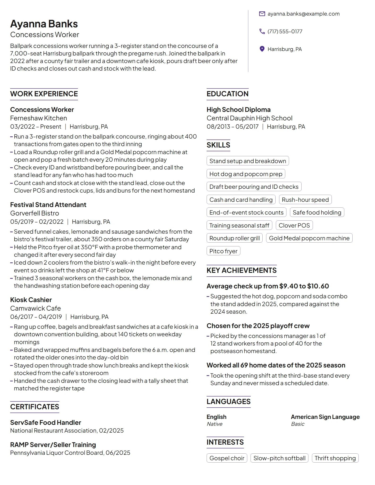 Concessions Worker resume example