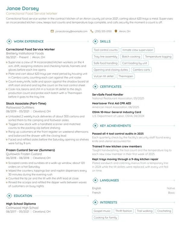 Correctional Food Service Worker resume example