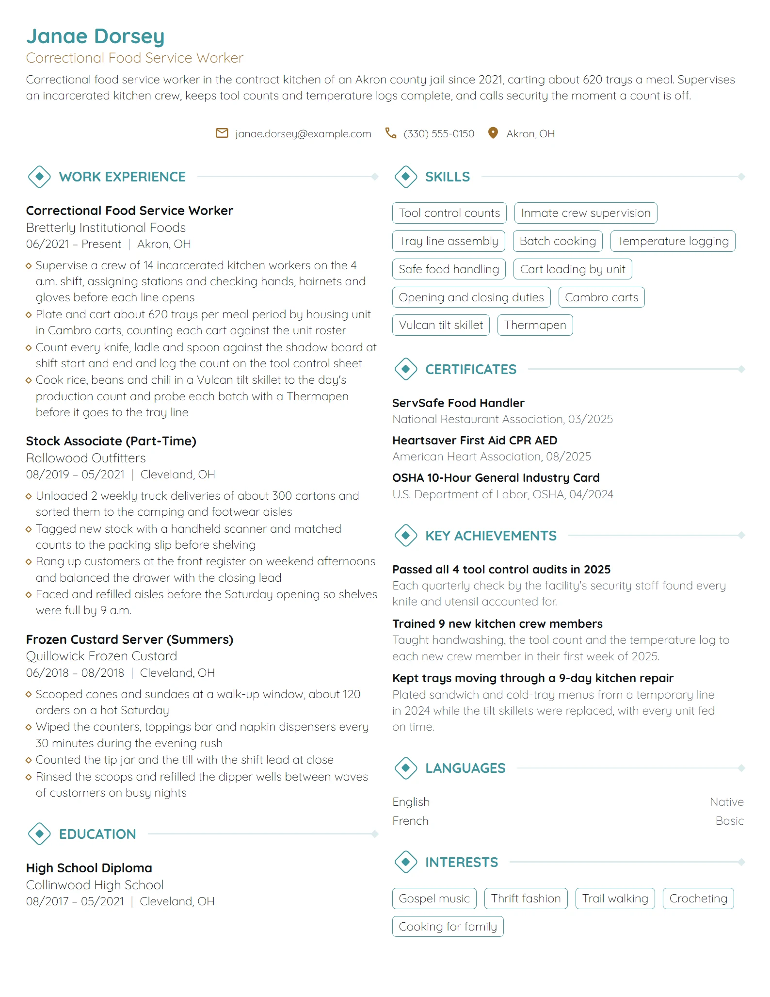 Correctional Food Service Worker resume example
