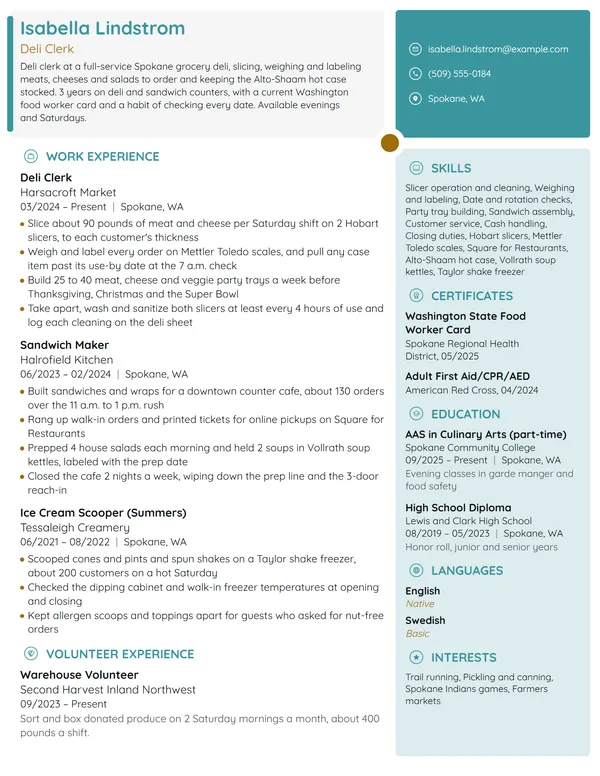 Deli Clerk resume example
