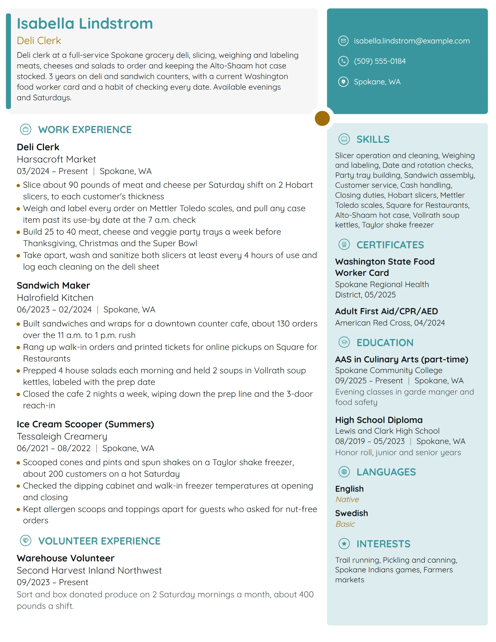 Deli Clerk resume example