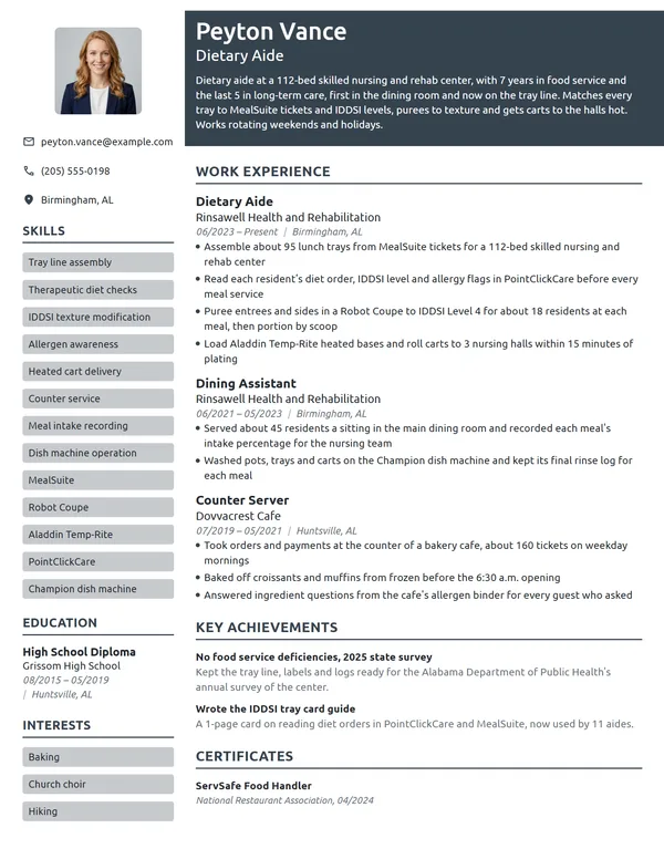 Dietary Aide resume example