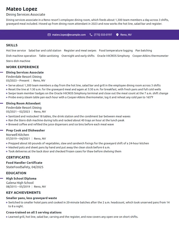 Dining Services Associate resume example