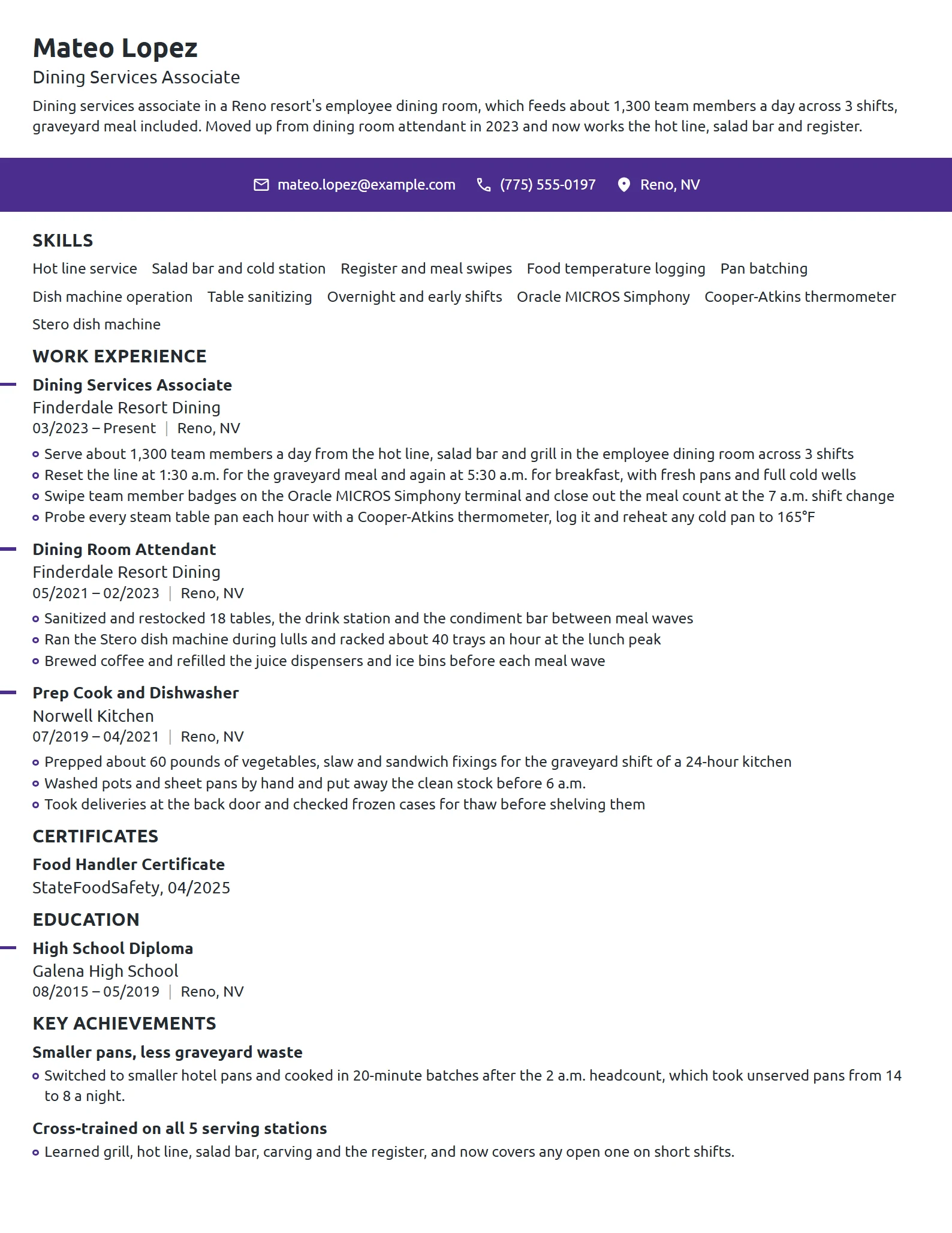 Dining Services Associate resume example