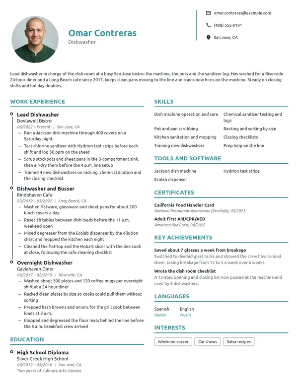 Dishwasher resume example