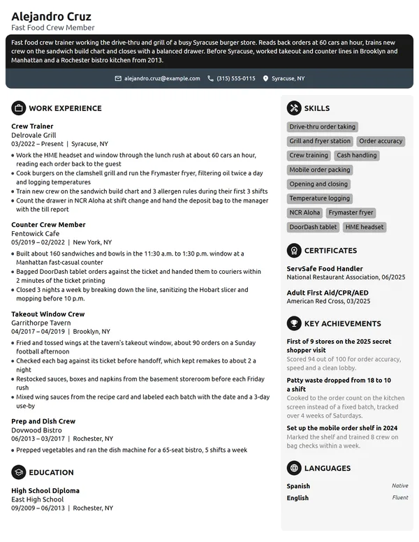 Fast Food Crew Member resume example