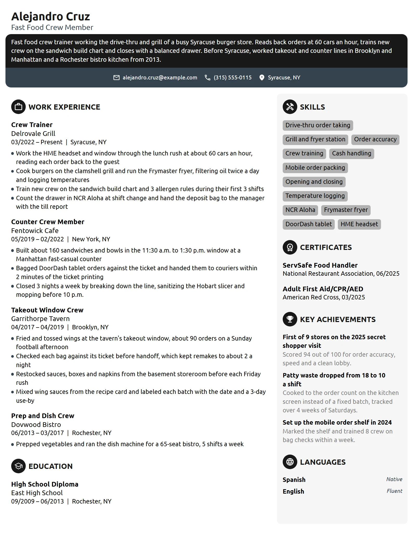 Fast Food Crew Member resume example