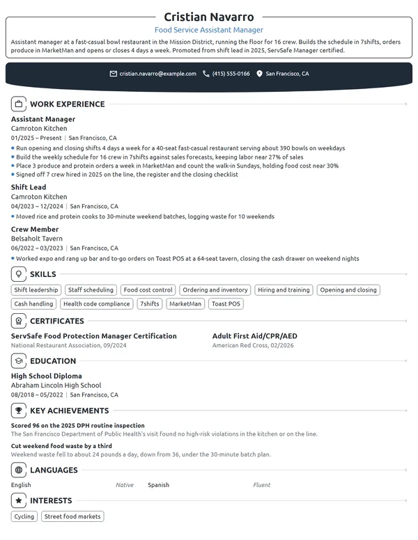 Food Service Assistant Manager resume example