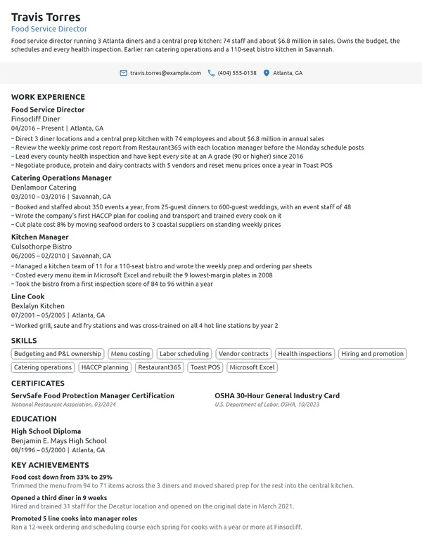 Food Service Director resume example