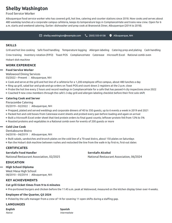 Food Service resume example