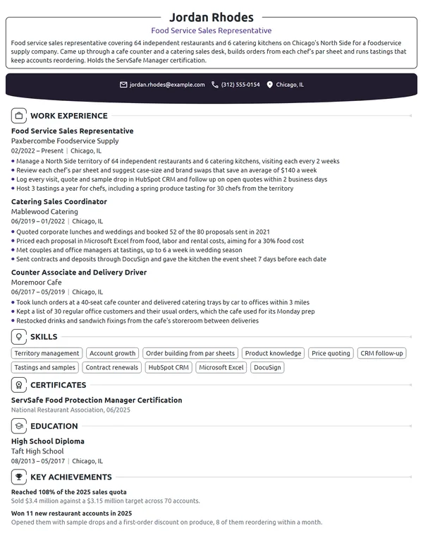 Food Service Sales Representative resume example