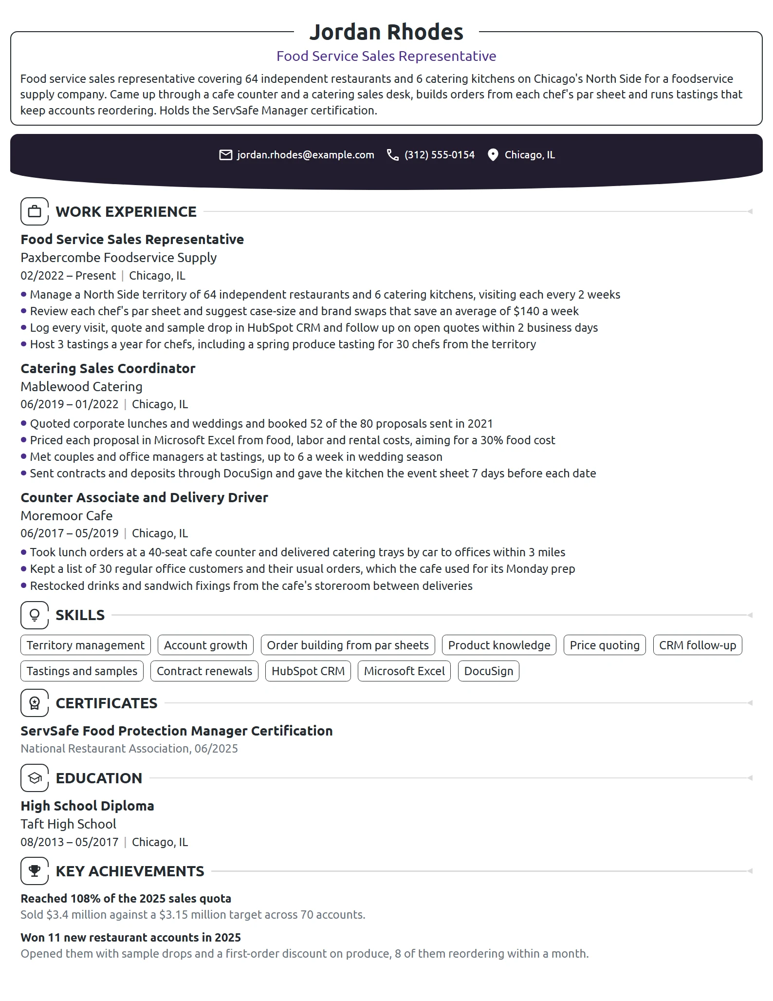 Food Service Sales Representative resume example
