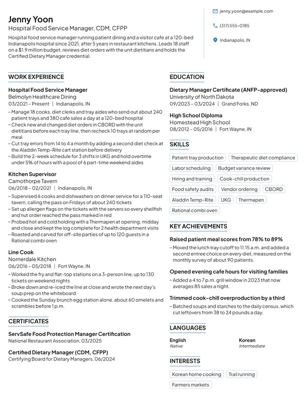 Hospital Food Service Manager resume example