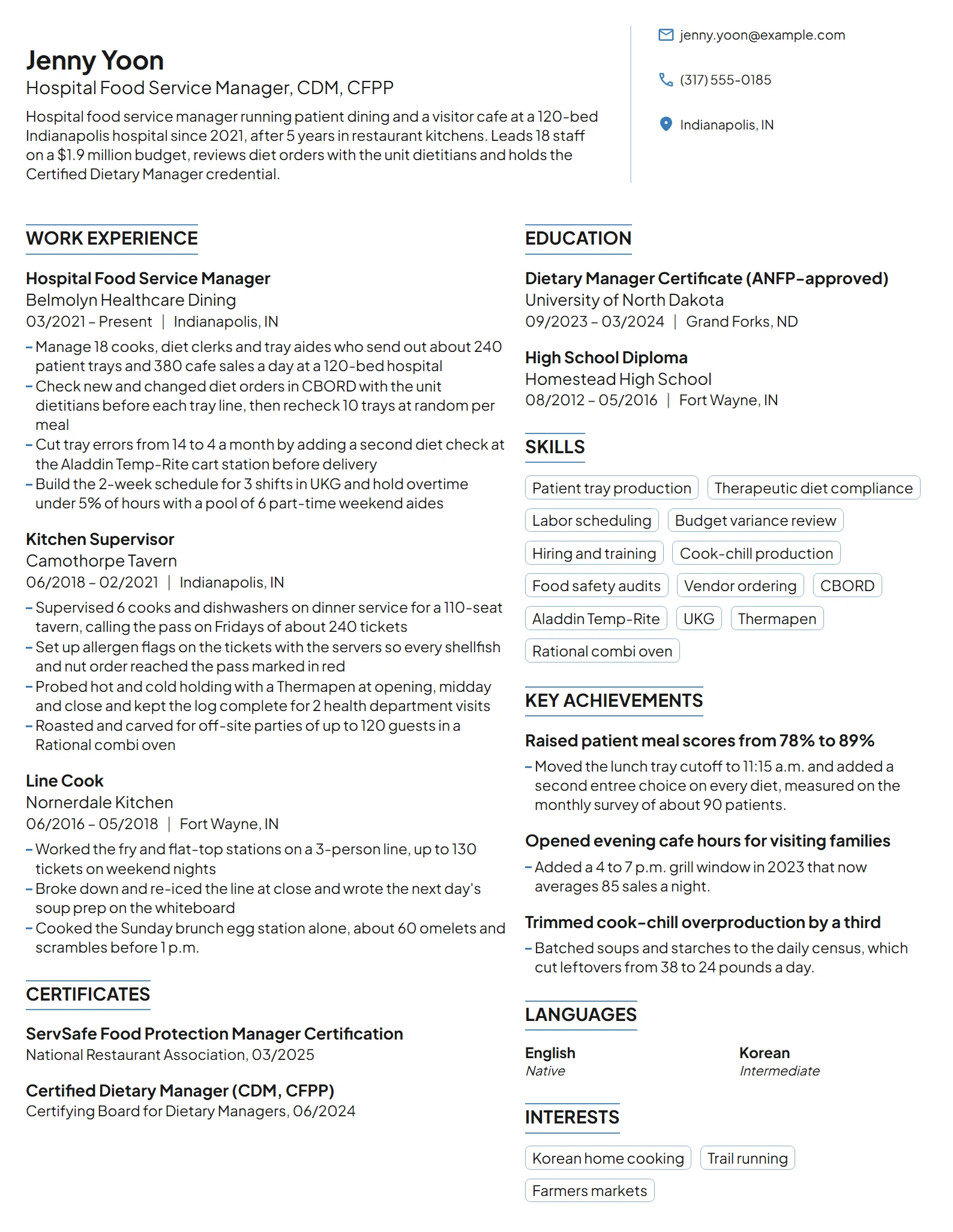 Hospital Food Service Manager resume example