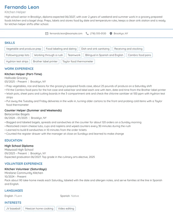 Kitchen Helper resume example