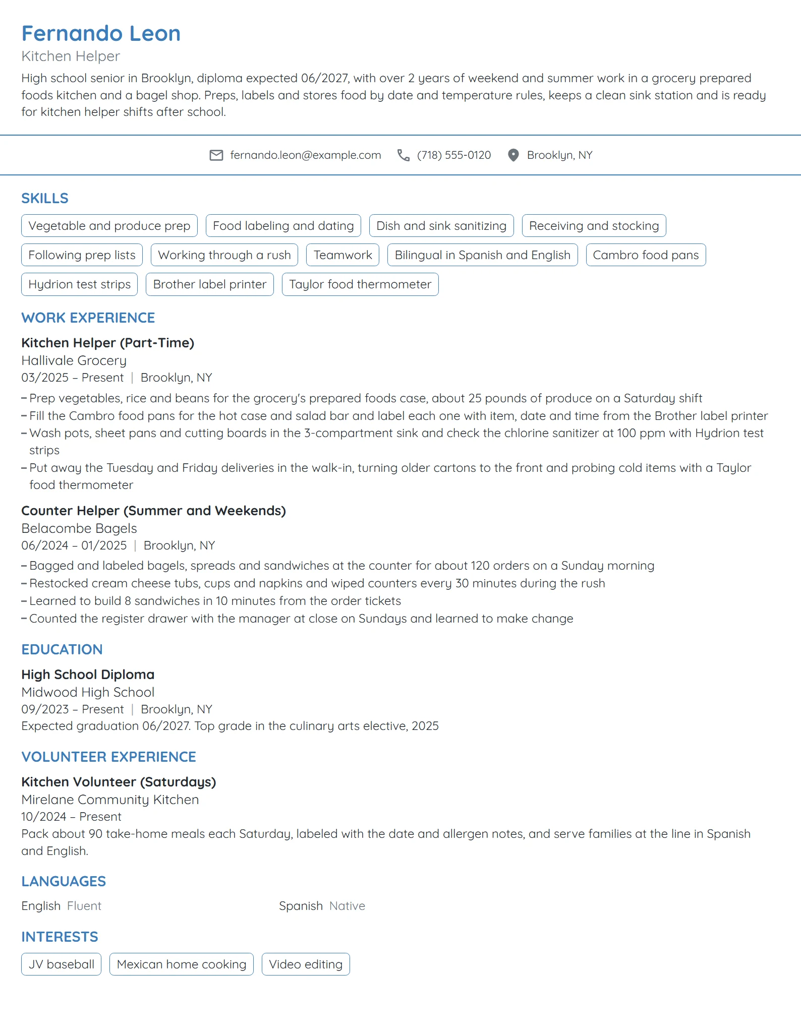 Kitchen Helper resume example