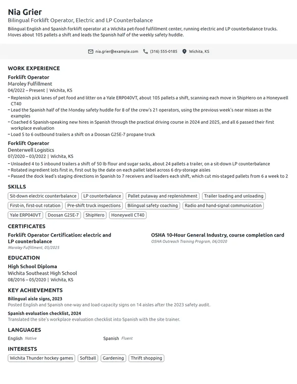 Bilingual Forklift Operator resume example